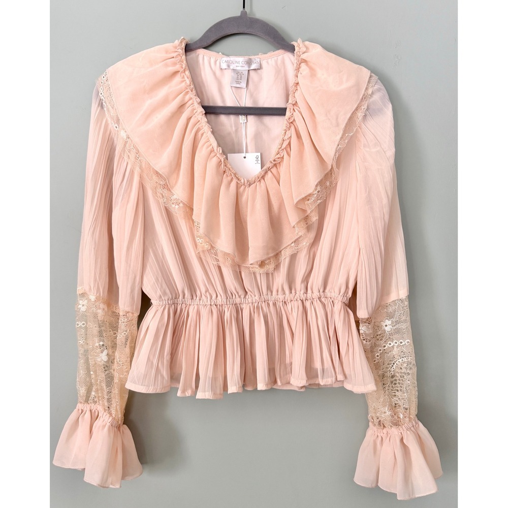 Caroline Constas Blush Pink Pleated Lace Ruffle Dainty Peplum Blouse NWT Size XS